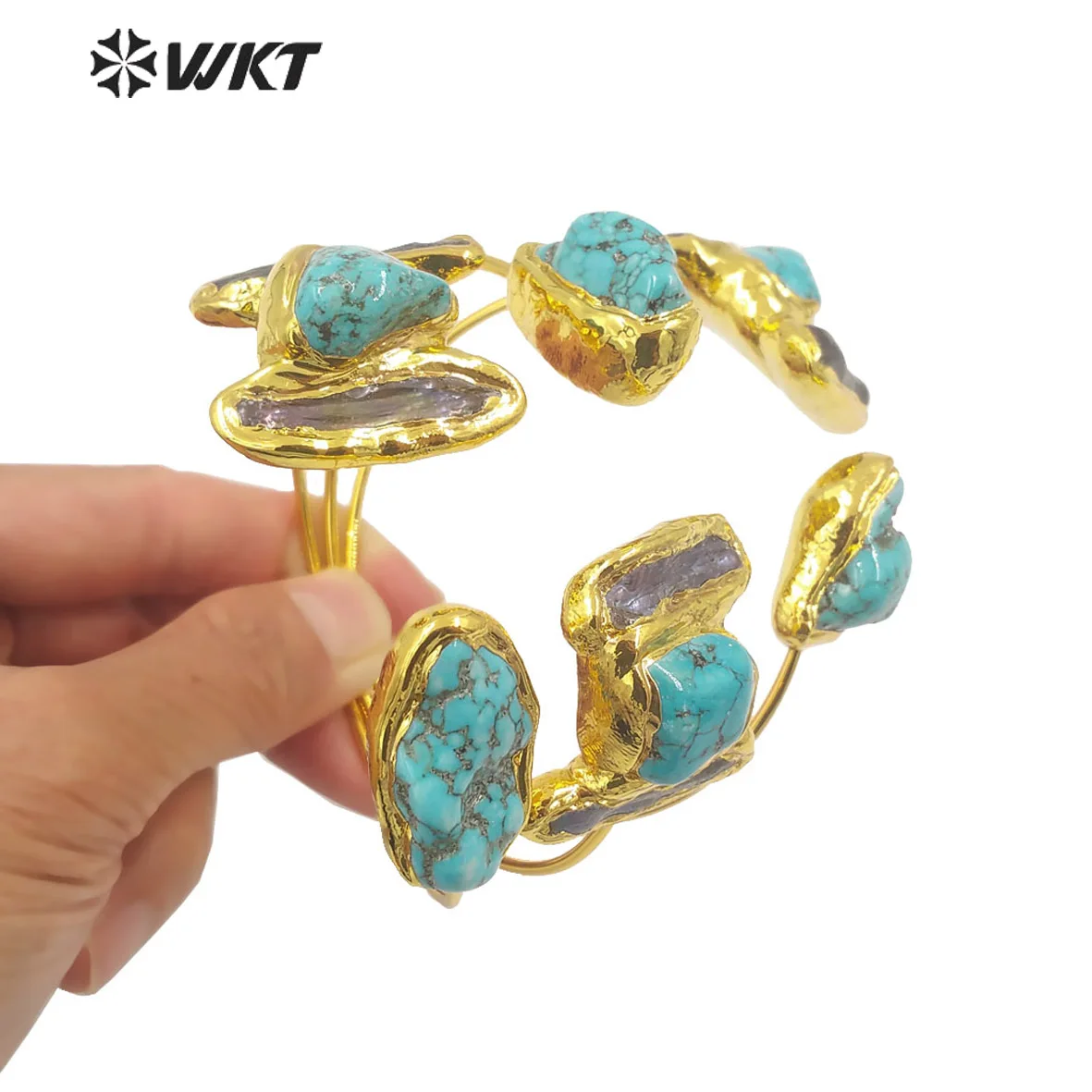 WT-B655 Hot Selling Turquoise And Pearl Pendant Thin Bracelet With 18k Gold Plated Fine Bangle Jewelry Decorated