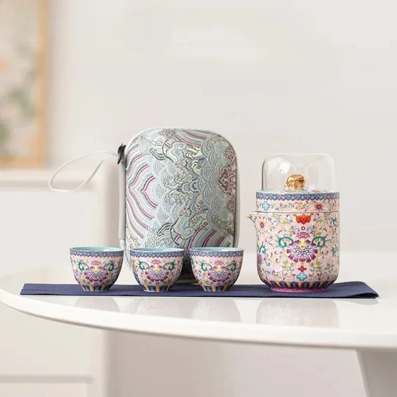 Für Chinesische Enamel Color Reise Tee-Set Kit Luxus Tassen Set 1 Topf 3 Tassen Tee Maker Separation Tee-Set Tragbare Lager Tasch