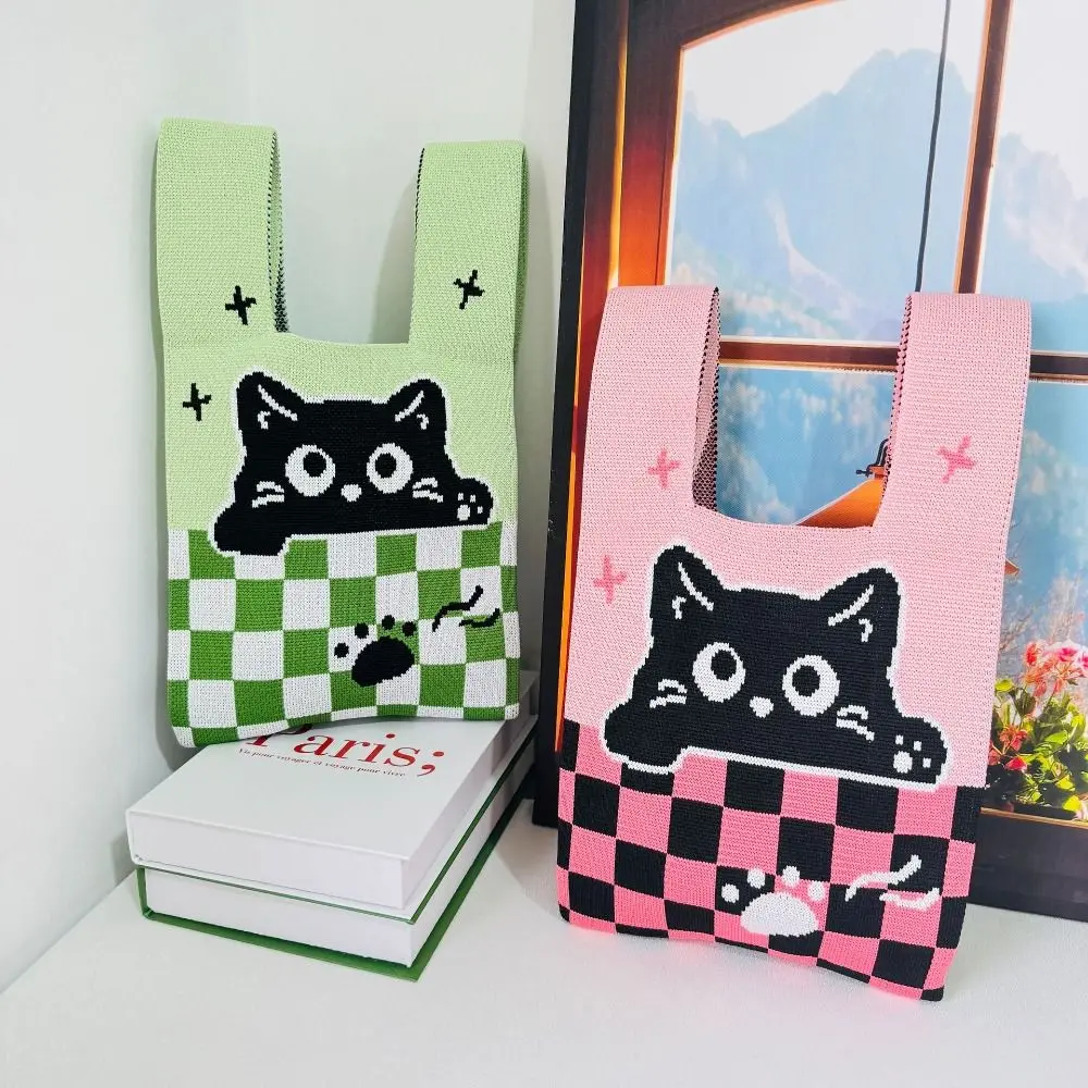 Cute Cartoon Cat Knit Handbag Women Knot Wrist Bag Casual Color Wide Tote Bag Student Shopping Bag For Women