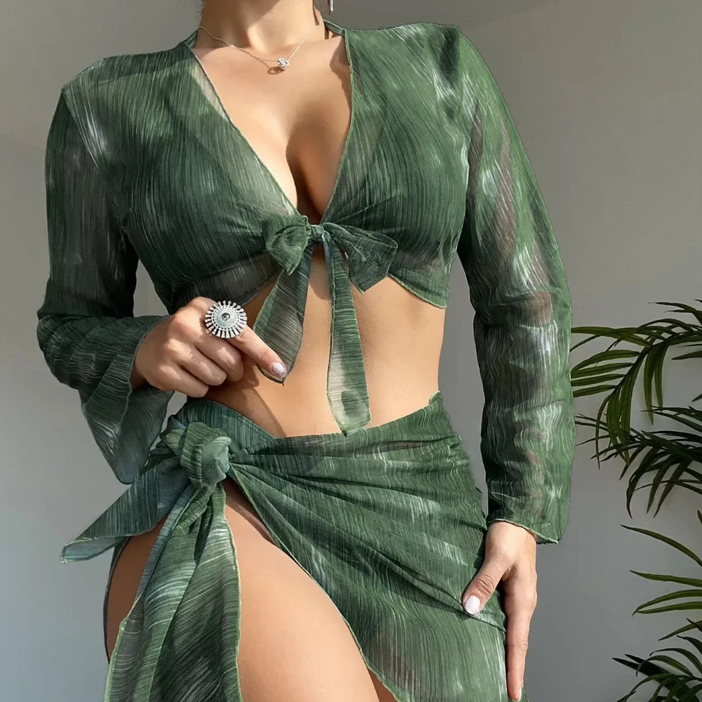 Sexy Four-Piece Bikini Swimsuit Long Sleeve Women's Suit Cross-Border Split Design Swimwear Trendy And Fashionable Beachwear