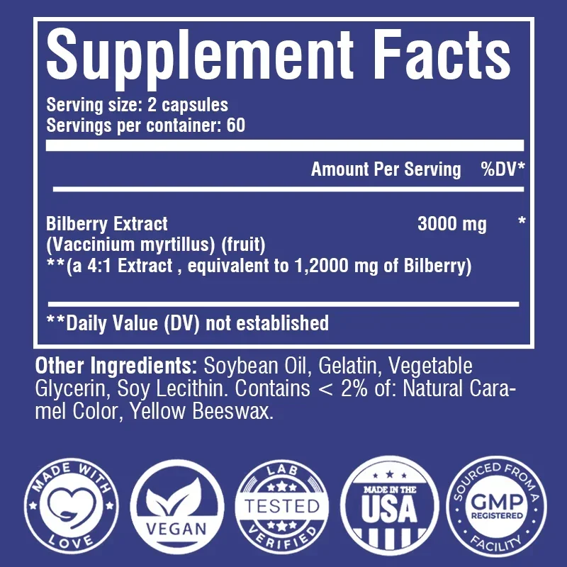 Bilberry Fruit Extract 3000mg - Antioxidant, Prevent Dry Eyes, Improve Visual Clarity, Skin Health, Boosts Immunity, Non-GMO