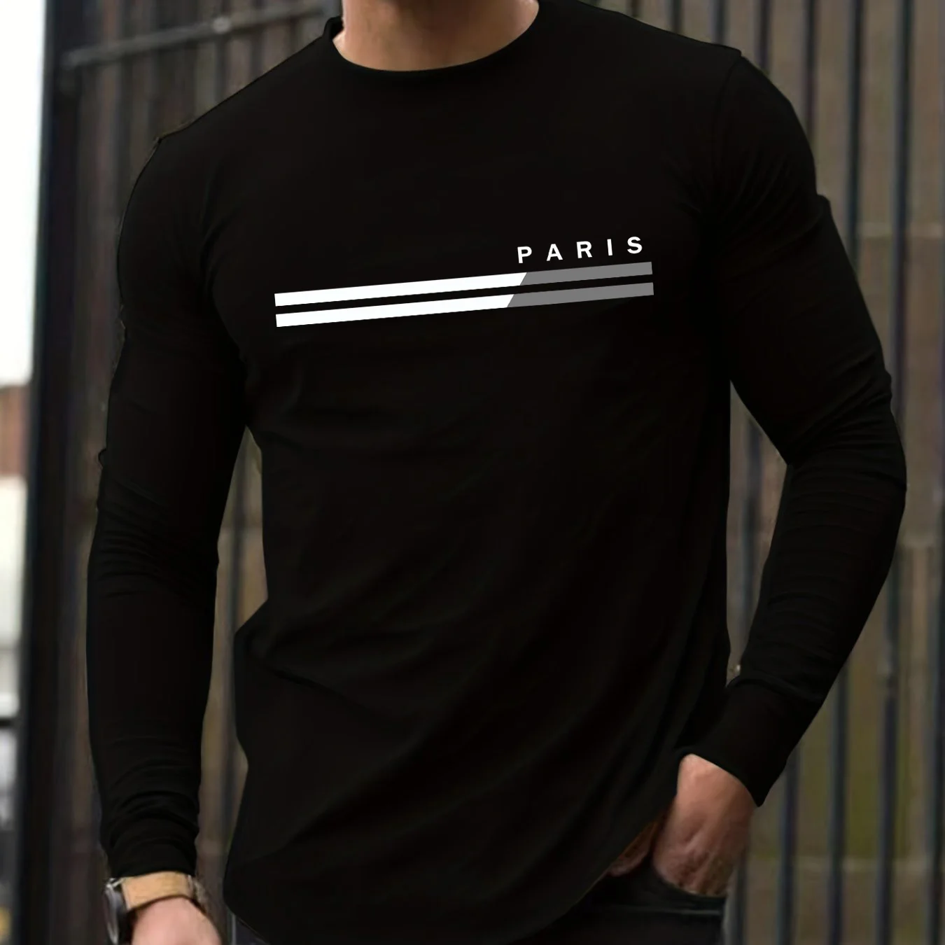 

Fashion Paris Letter Stripe Graphic Printed Men's Long Sleeve T-shirt Summer Leisure Loose Fit Comfortable Sports O-Neck Tee Top