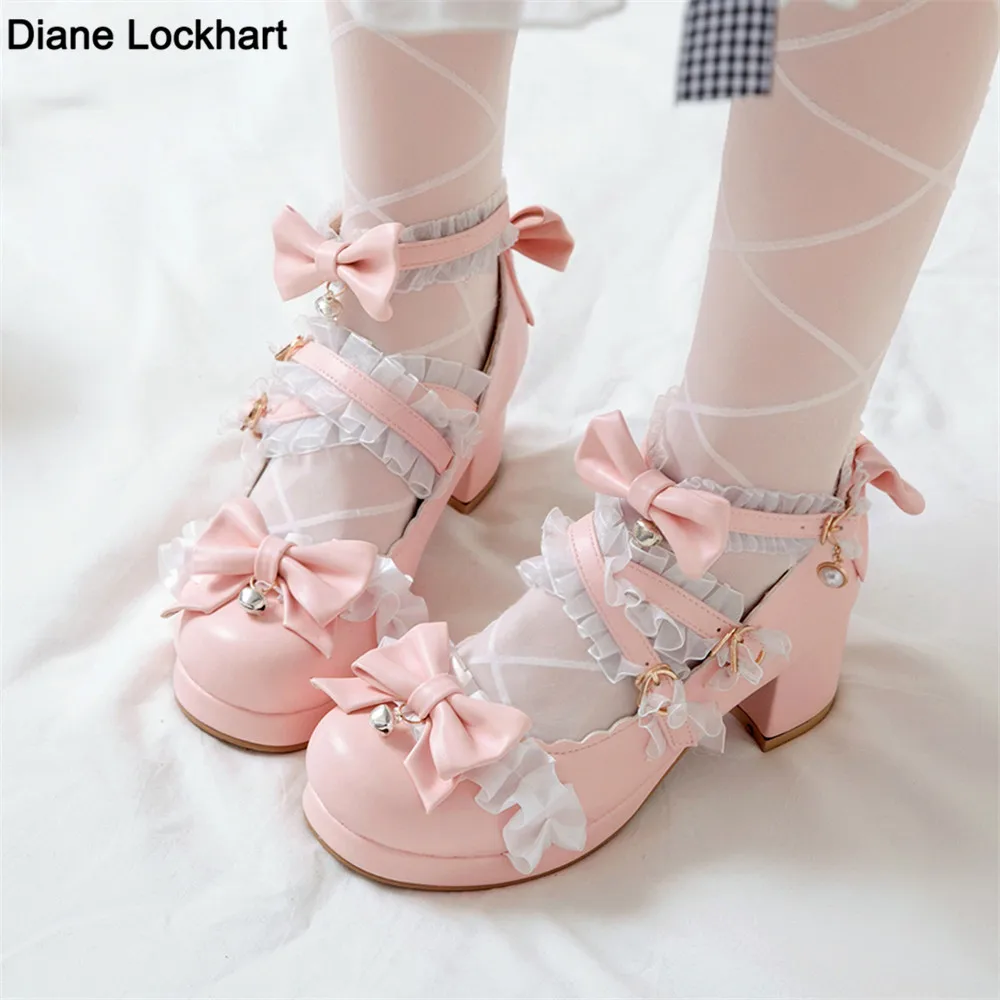 2024 Women High Heels Cross Strap Mary Jane Pumps Party Wedding White Pink Black Ruffles Bow Princess Cosplay Lolita Shoes 31-43