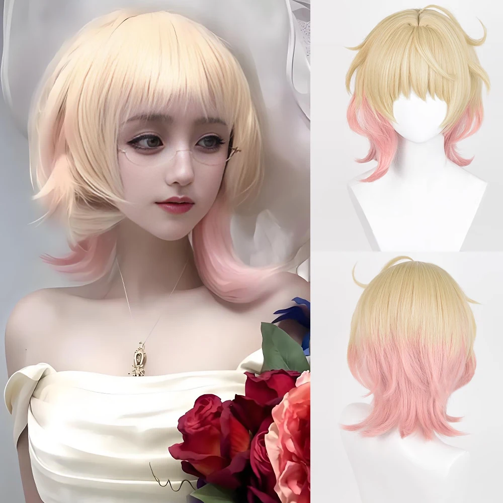 

Emilie Cosplay Wig Game Anime Cosplay Synthetic Straight Ombre Blonde Pink Layered Fluffy Wig for Daily Party