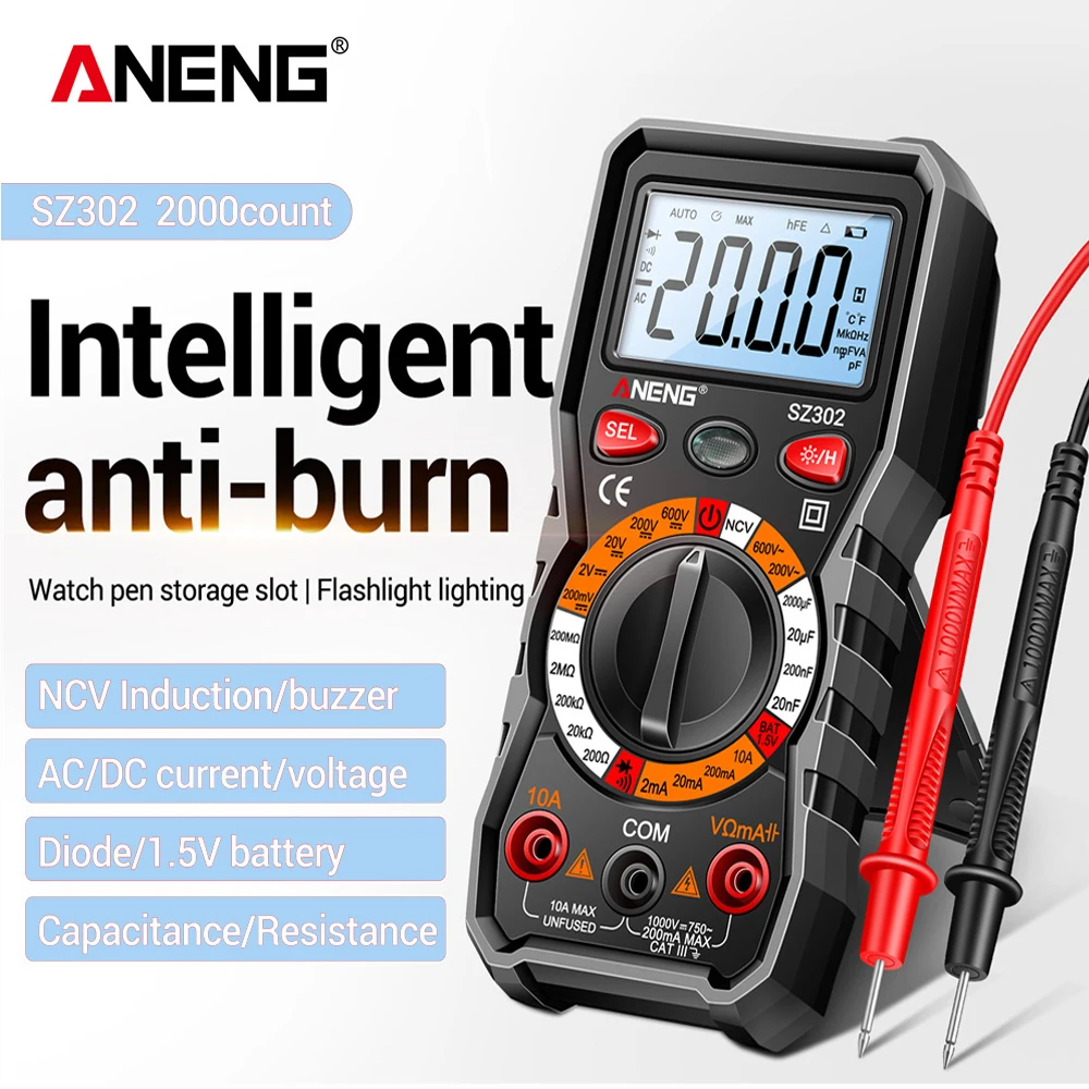 ANENG SZ302 Digitális multimeter AC/DC votage aktuális automata teszter NCV detektor Ellenállóképesség Ohm Ampermérő Kapacitás Fogyasztásmérő