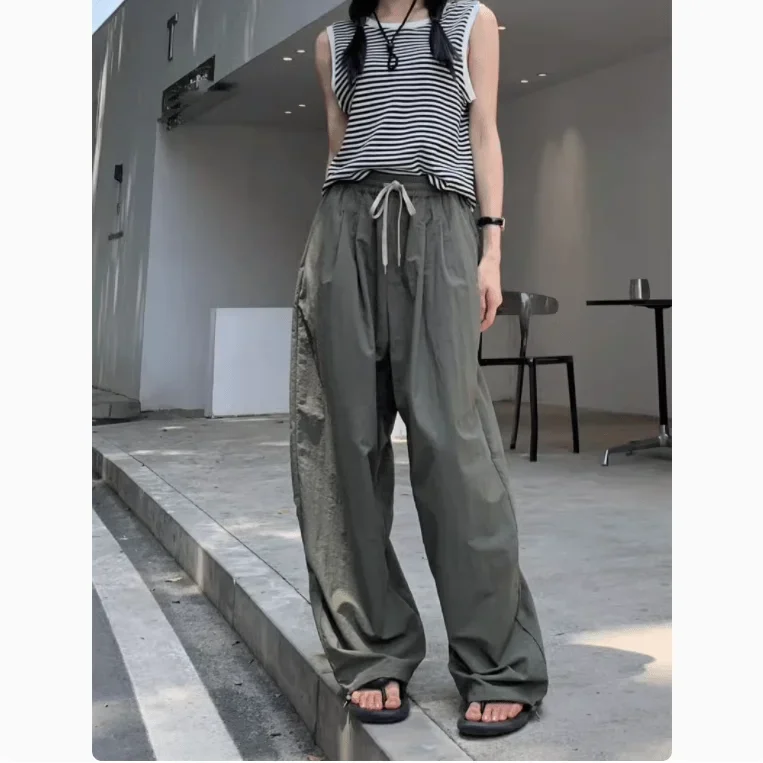 Quick-Drng Sports Ice Silk Wide-Leg Pants Women Summer Thin 2024 New Loose Straight Casual Cool Sun-Proof Trousers y2k ins emo