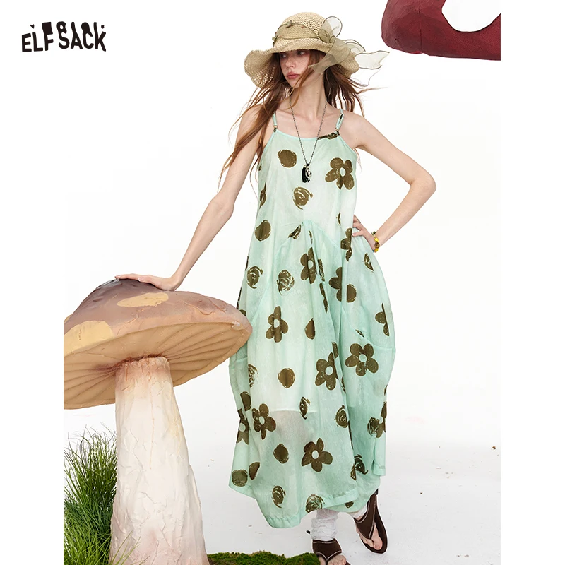 

ELFSACK Women's Floral & Polka Dot Print Maxi Dress, Sleeveless Spaghetti Strap Boho Dress, Flowy Summer Sundress