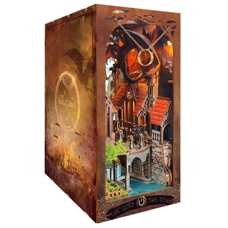 DIY Book Nook Wooden Miniature Model Kit Spirit Valley of The Magic Ring Bookend 3D Puzzle Bookshelf Home Decor Friend Gifts