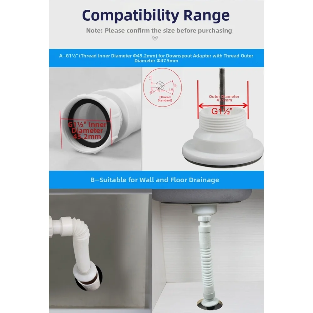 1PC Flexible Telescopic Kitchen Sink Drain Pipe G1-1/2 Inch Thread 50mm Diameter PP Material For Home Plumbing Sewer Connection
