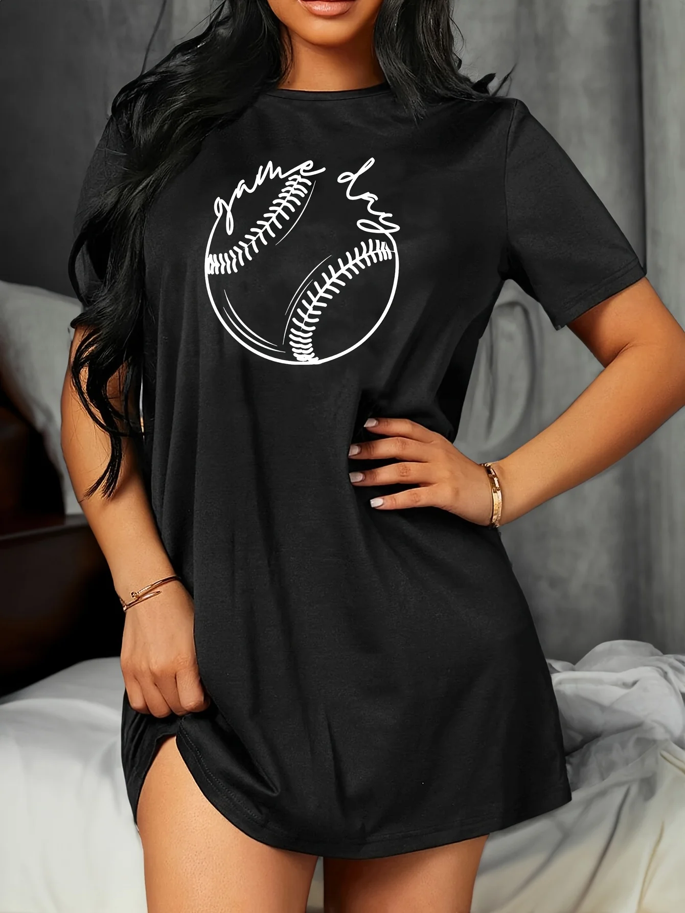 

Plus Size Women's Casual Short Sleeve Baseball Printed Dress Black with Summer Round Neck Breathable Loose Fashion Dress