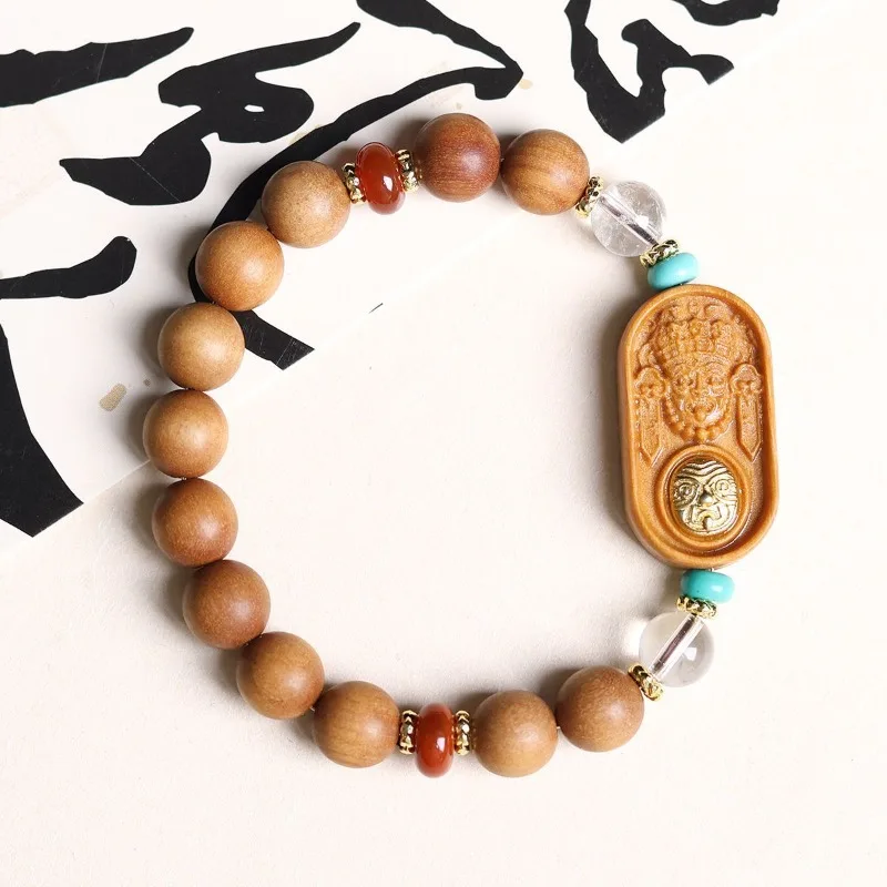 Aged Sandalwood Round Beads Bracelet with Tibetan Wealth Deity Carving and Clear Quartz Wealth Attracting Spiritual Jewelry Gift