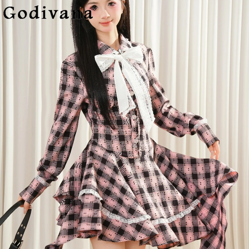 الفرنسية الحلو الدانتيل الوردي منقوشة فستان للنساء الخريف طويلة الأكمام القوس فستان الإناث النمط الياباني غير النظامية لوليتا فستان قصير