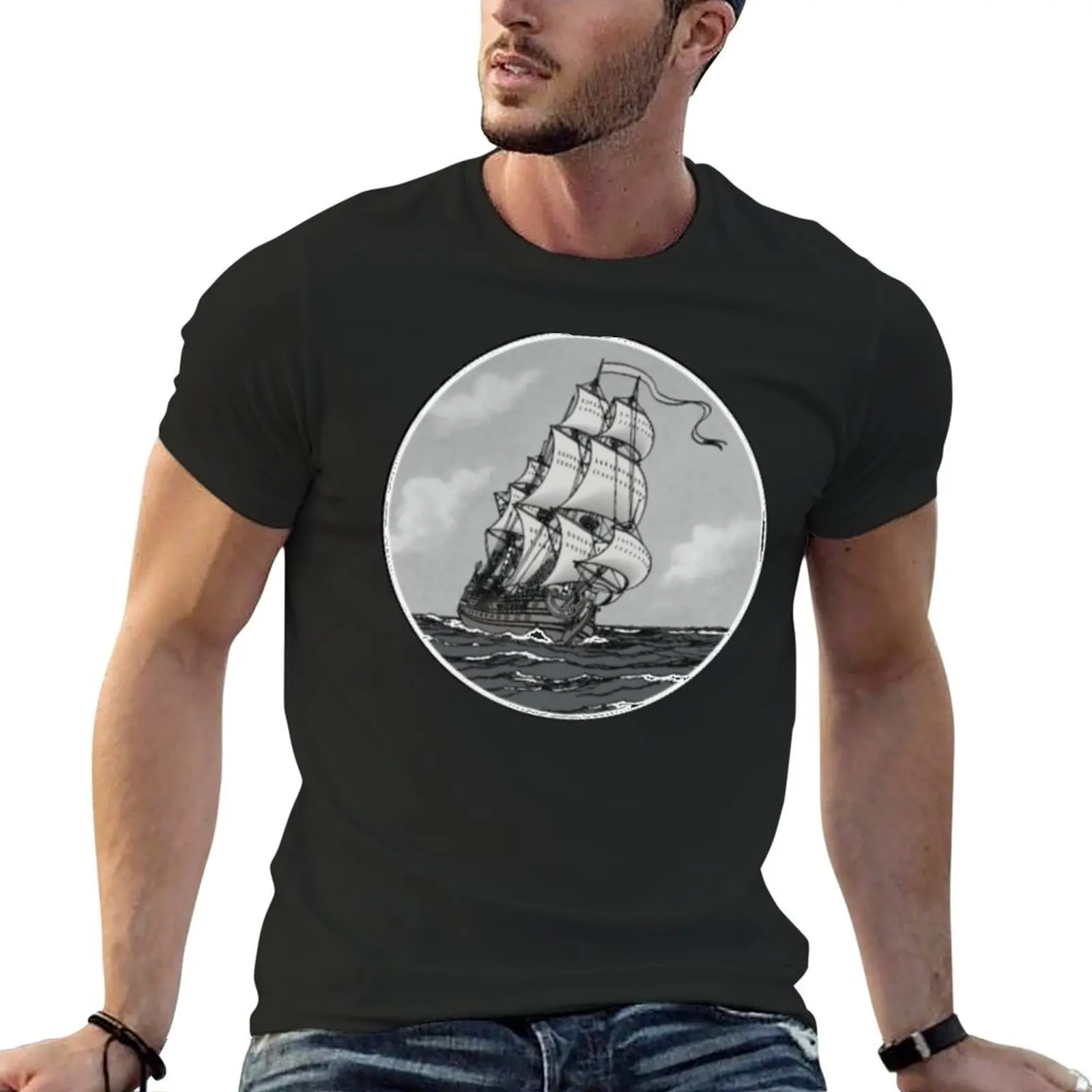 Sailing ship La Licorne in black and white T-Shirt Short sleeve tee graphics designer shirts mens t shirts pack