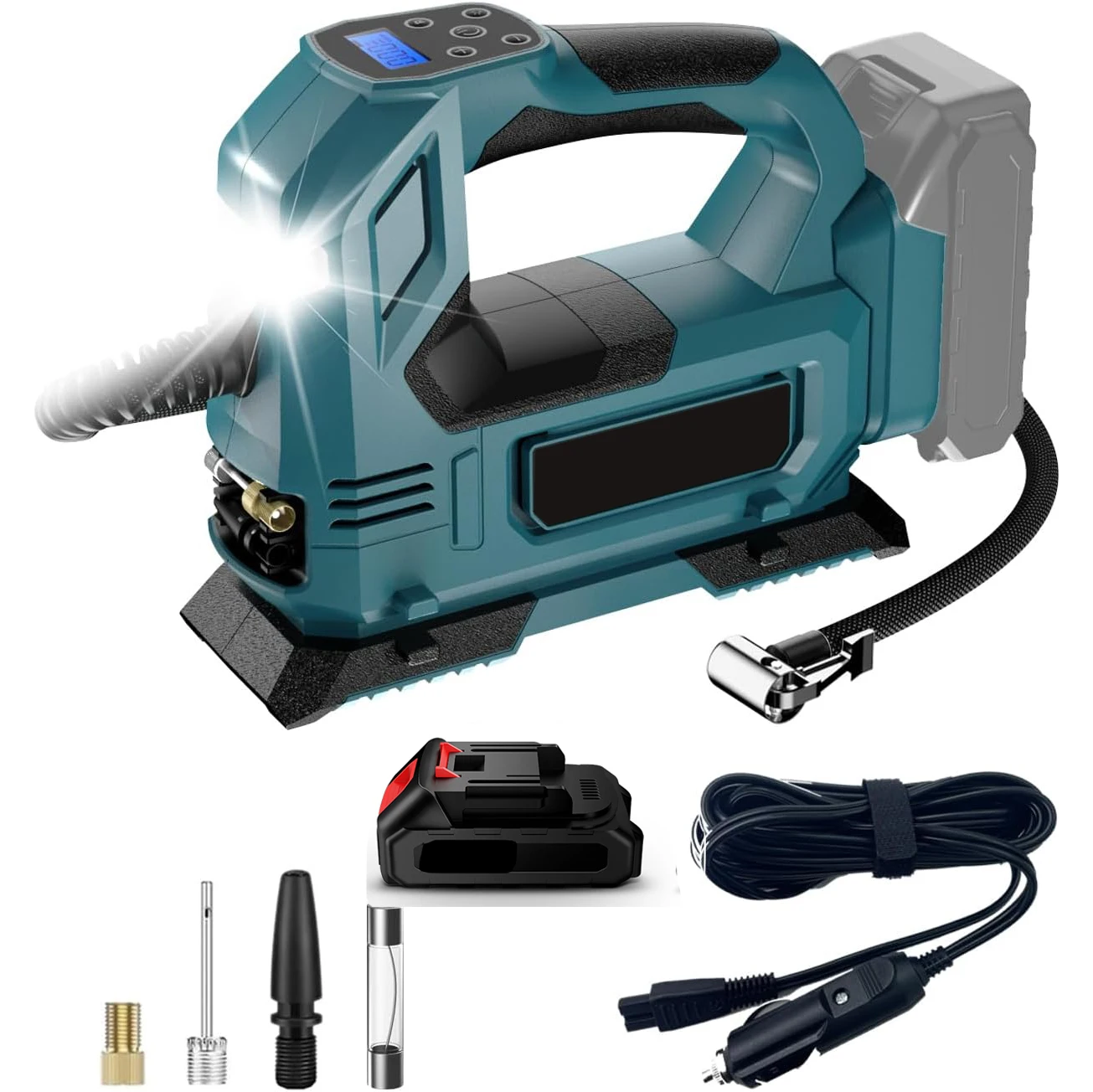 Image of Kabelloser, wiederaufladbarer Reifenfüller für Makita 18-V-Akku, elektrischer Luftkompressor, schnelle Aufblaspumpe, integrierte LED-Leuchte, Notfallwerkzeug, tragbare Reifenpumpe