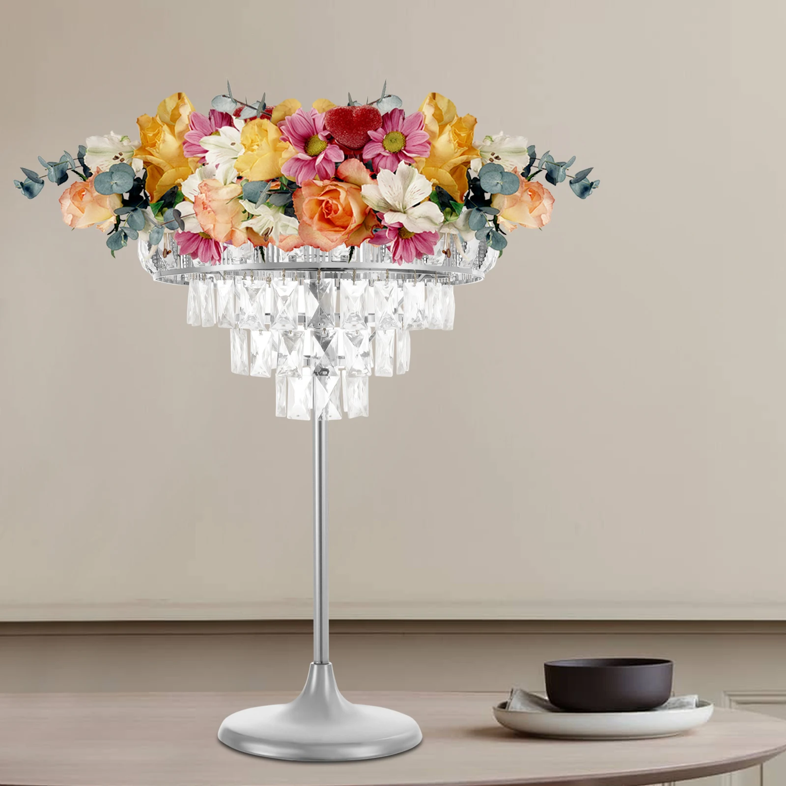 Adornos de cortina de hielo de hierro plateado, 42x60cm, cascada D, colgante de cristal, soporte de flores para exhibición de boda