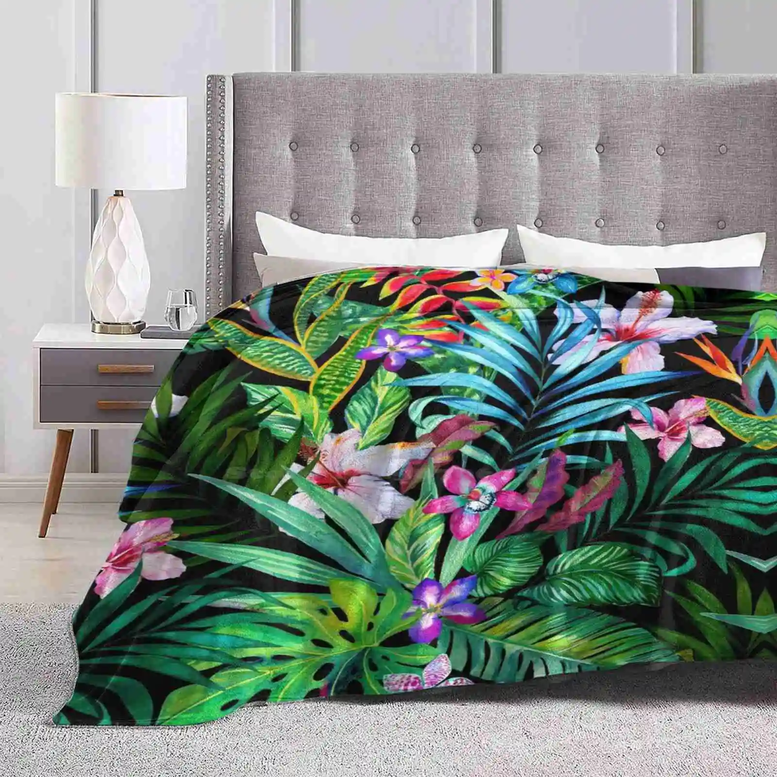 Tropical Fest Hot Sale Printing High Qiality Warm Flannel Blanket Flower Floral Swimwear Leaf Spring Darkness Bouquet Neon