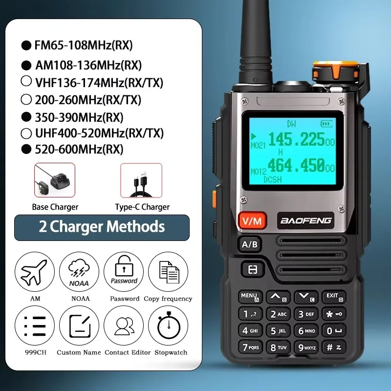 

Baofeng-UV-K61 Walkie Talkie, Multi Band, Frequência de cópia sem fio, 999CH, carregador tipo C, UHF, VHF, NOAA, UV-5R, UV K6, K