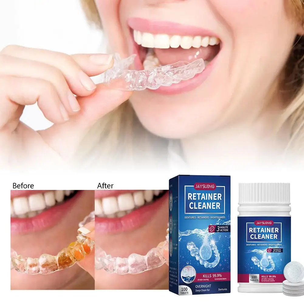NEW Denture Cleansing Tablet Cleanser Pills Whitening Remove Bad Odors Oral Cleaning Care Fresh Breath Cleaning Stains 100 Tabs
