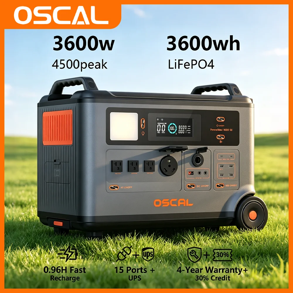 OSCAL Outdoor 3600 SE Portable Power Station, 3600Wh LiFePO4 Solar Generator, 3600W Output 4500W Surge, 0.96H Fast Charge, 14 Outlets, APP Control for Home Backup Emergency Camping RV Off-Grid