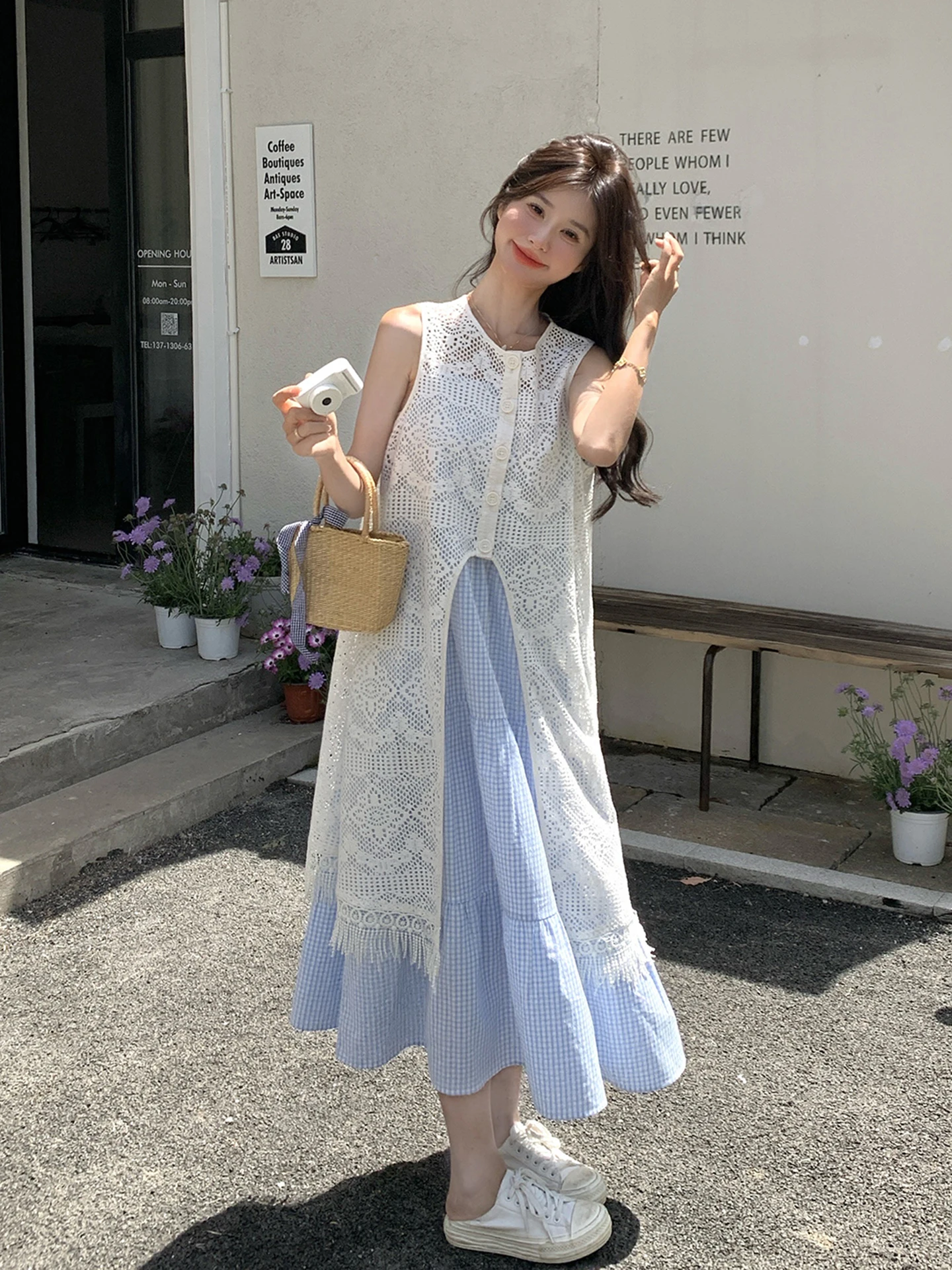 

Summer New Sweet Slimming Lace Trim Bell Svel Vest Dr Set Women's Faion Two-Piece Suit round Ne Button Closure