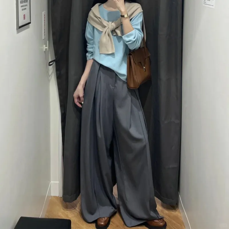 

Американские высококачественные брюки с двойными складками, широкие, струящиеся, свободного кроя, повседневные, для мужчин и женщин, осенние, в стиле Cleanfit Old Money