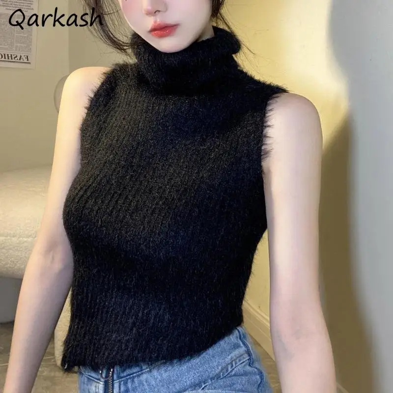 Turtleneck Knitted Tank Tops for Women Vintage Sexy Autumn Winter Sleeveless Cropped Blusa Korean Fashion Hot Female Inner Wear