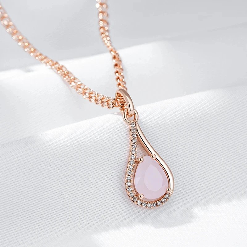 Wbmqda Pink Stone Water Drop Pendant And Necklace For Women 585 Rose Gold Color Special Wedding Jewelry Accessories