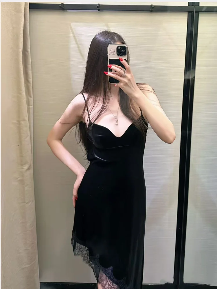 Vestido Midi Retro de Veludo com Renda Sem Alças Moda Fena Primavera Outono Inverno Nova Chegada Vestido Casual Bodycon D...