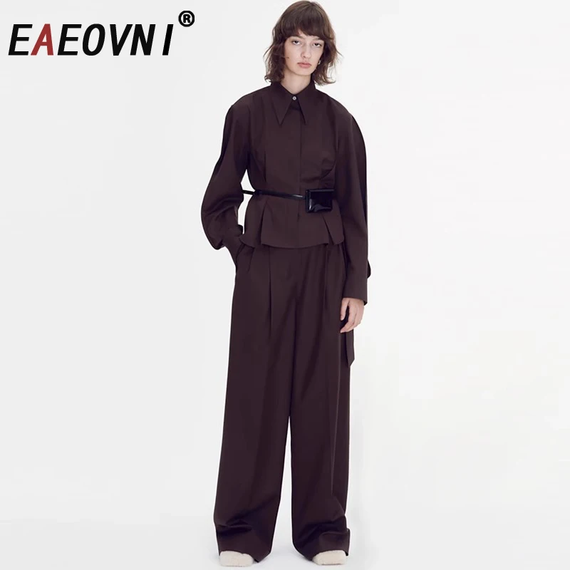 

EAEOVNI 2025 Fashion Women Two Piece Set Lapel Short Shirt Solid Color High Waist Wide Leg Trousers Office Lady New Clothing