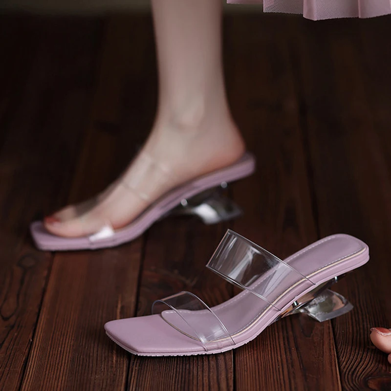 Liyke PVC Transparent Slippers Women Summer Fashion Square Toe Slides Shoes Strange Clear Wedge Heels Beach Sandals Female Mules view 4