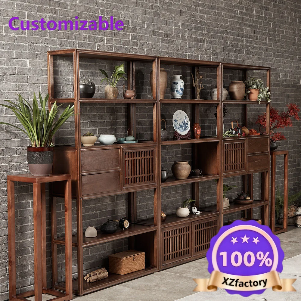 Factory Direct 2026 Top RatedElm Bogu frame, living room partition, solid wood tea cabinet rack, tea room office shelf, porcelai