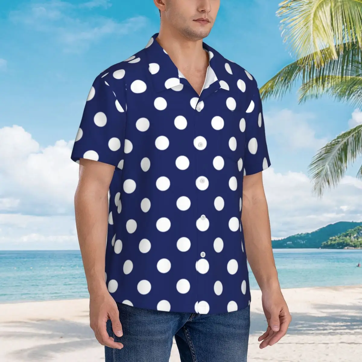 Navy Blue And White Polka Dot Vacation Shirt Trendy Polkadots Summer Casual Shirts Men Blouses Short Sleeve Stylish Design Top