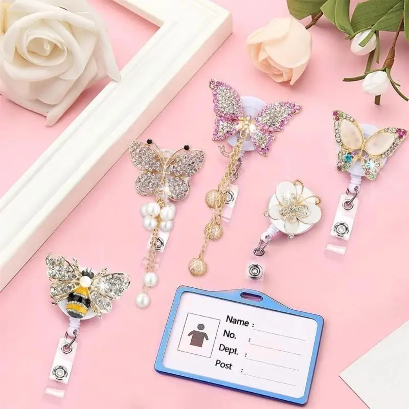 R53C Adjustable 60cm Butterfly Bees Rhinestones cards Holder Secure Clip for Workplaces Professional Office Accessories