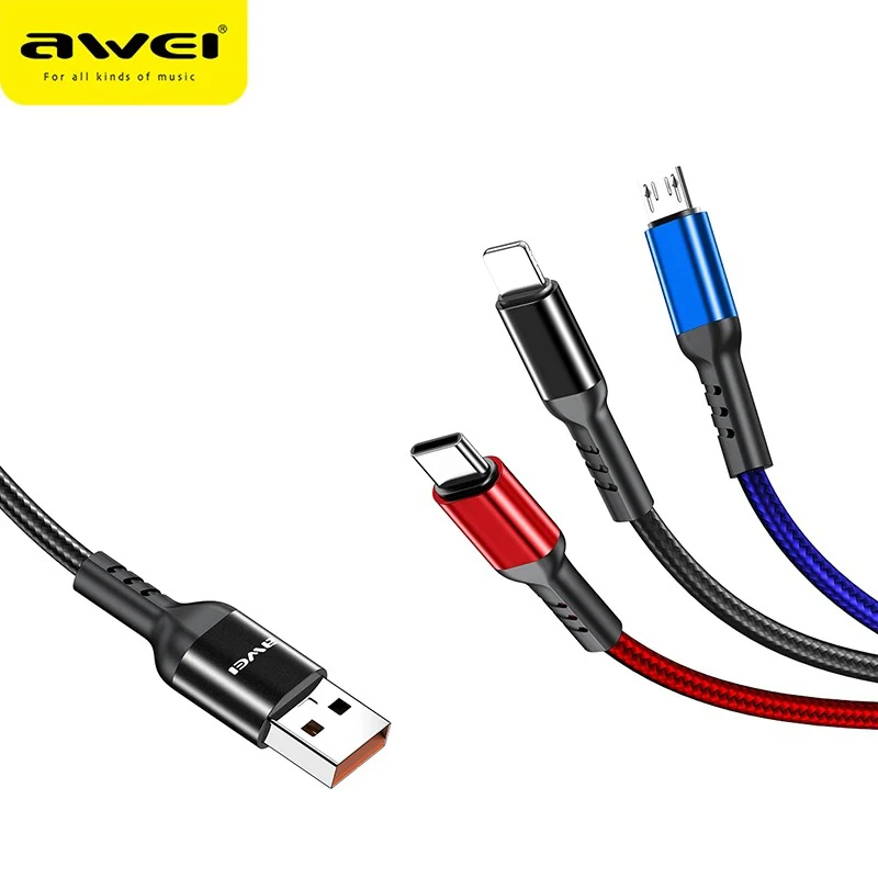 Awei CL-971 cable carga rapida 3 en 1 Cable de carga múltiple 3 en 1 2.4A Cable de carga rápida para iPhone Xiaomi USB Tipo C Cable de teléfono