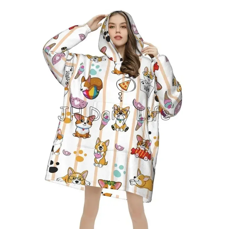 Cute Corgi Dog Wearable Hoodie Blanket Women Pajamas Pullover Sweatshirt Oversized Warm Cozy Flannel Fleece Sherpa Blanket