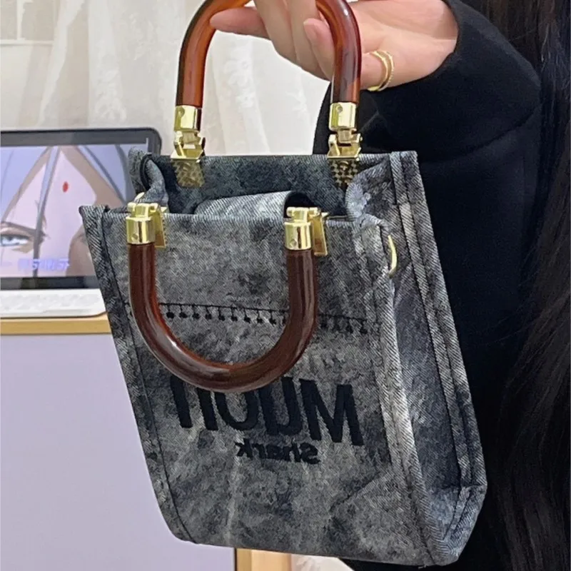 

Fashion Embroidered Letter Handbag Women Denim Stitching Large Capacity Shoulder Bag Ladies Trendy Versatile Crossbody Bag 2025