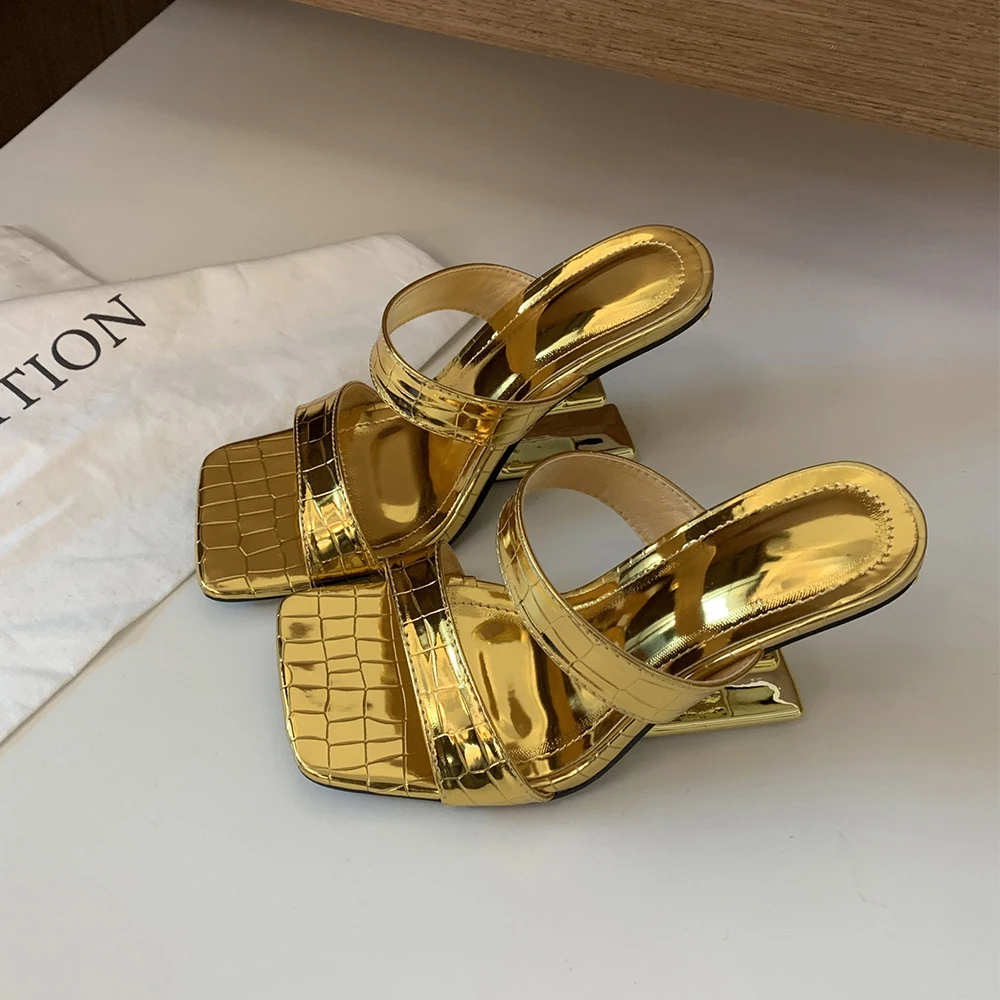 Women Slip On Wedge Sandals Slides Square Open Toe Patent Leather High Heel Slippers Mules Comfortable Casual Dress Pumps Shoes