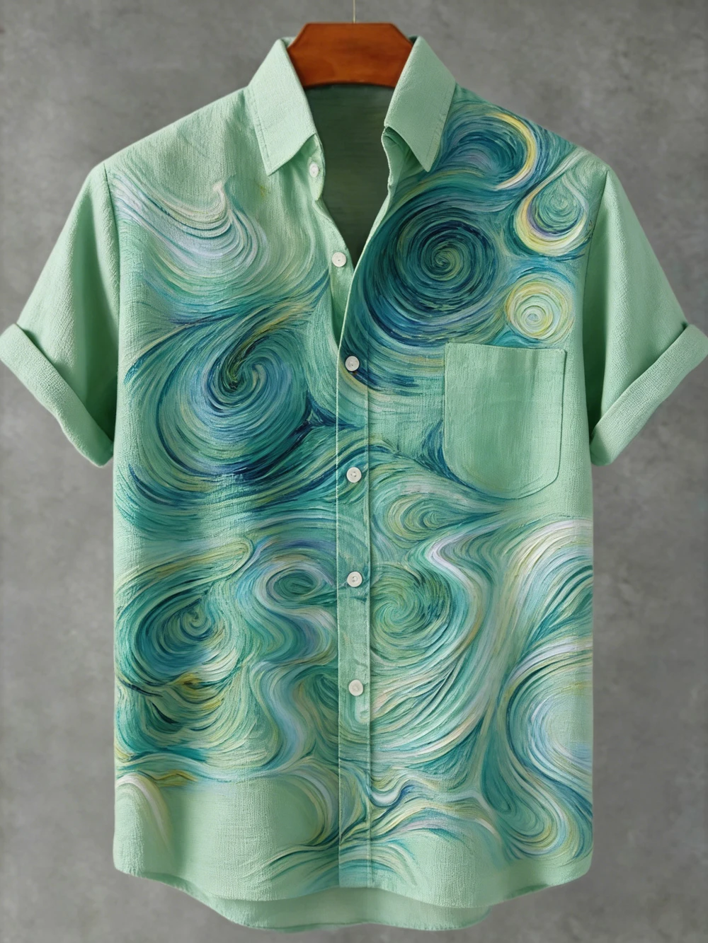 

Spring and summer men's linen short-sleeved shirts natural texture high-definition printed shirts Hawaiian vacation clothes men