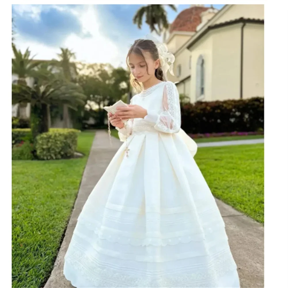 

Customized White Flower Girl Dress For Wedding Lace High Waist Long Sleeve Floor Length Kids Birthday First Communion Gown
