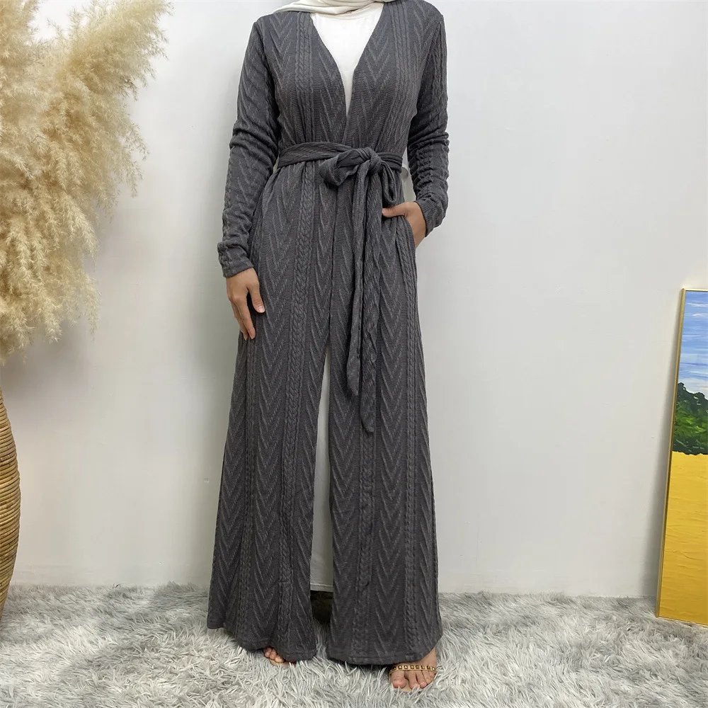 Autumn and Winter Knitted Muslim Cardigan with Pockets Long Elegant Maxi Dresses Muslim Abaya