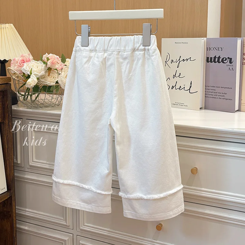Girls Ripped Versatile Pants Spring Children Casual White Trousers Summer Kids Fashion Wide-leg Pants Teenager Loose Clothing