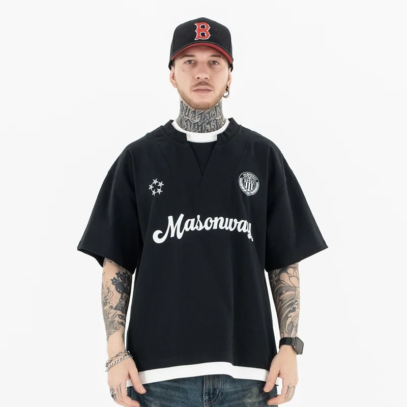 

Lanhai Men's Faionable Ice Hoey ort Sve T-irt V-Ne Retro Emblem Print Casual Cotton Top for Men