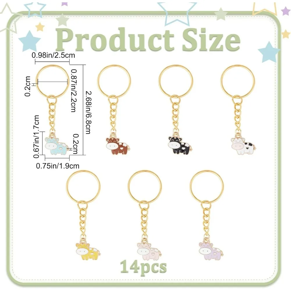 14Pcs Cow Enamel Keychains Cute Animal Farm Key Chain 7 Color Hanging Pendant Charm Keyrings Bulk for Purse Car Earphone