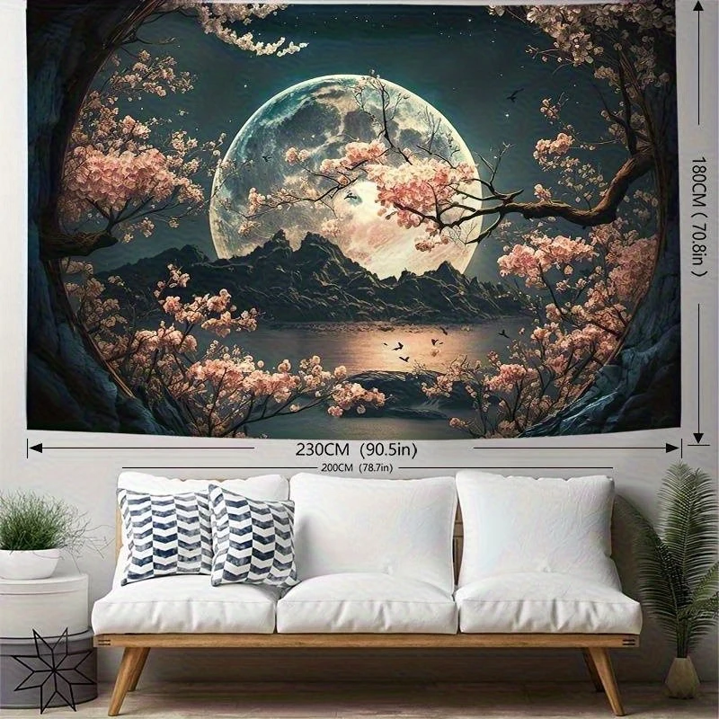 Friedliche Kirschblüten- und Mondlandschaft, Wandteppich, Schlafzimmer, Wohnzimmer, Schlafsaal, Wandbehang aus Polyesterfaser