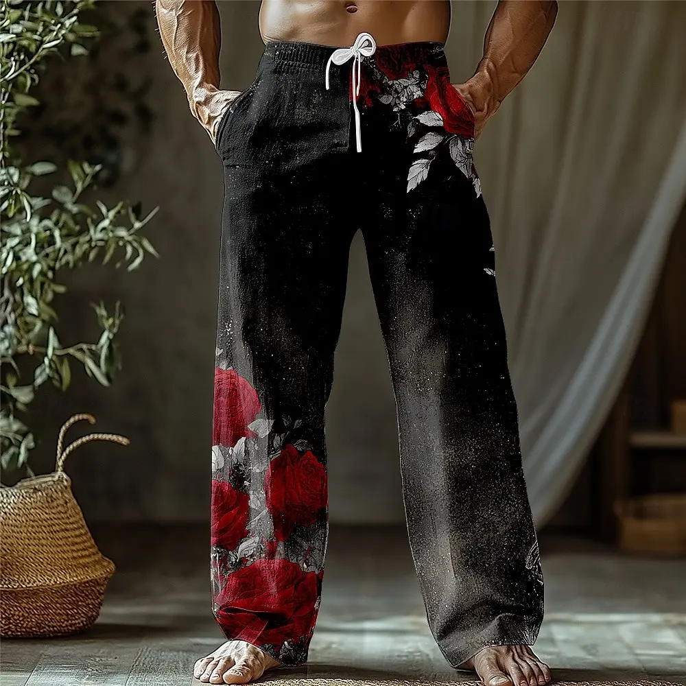 

2025 Men's Floral Print Rose Flowers Pants Trousers Mid Waist Drawstring Elastic Waist Casual Outdoor Wide-leg Trousers for Men