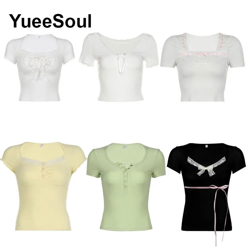 Vintage Sweet Pink Women T-shirt Short Sleeve Square Collar Female Tees 2024 New Summer Y2K Aesthetic Casual 2000s Crop Tops
