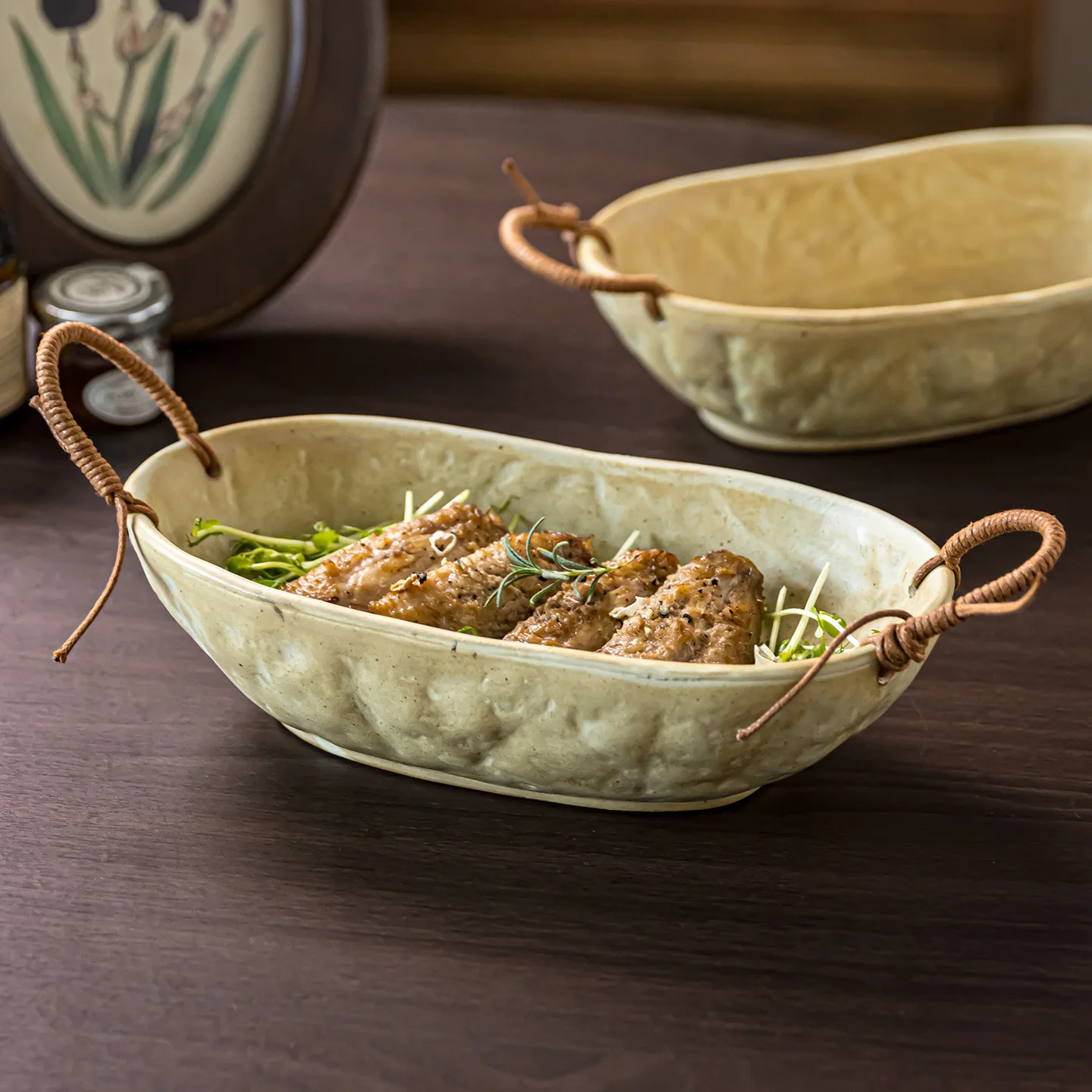 Vintage‑style Coarse‑ceramic Bowl With Rope‑woven Double‑ear Handles Portable Household Oval Ceramic Salad Vegetable Bowl