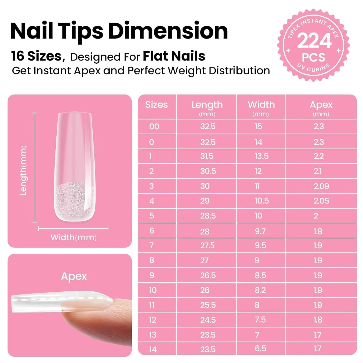 224pcs Square Long Nail Tips Kit with Glue, Dehydrator, Primer, Base & Top Coat, Mini UV Lamp for Salon-Quality Extensions