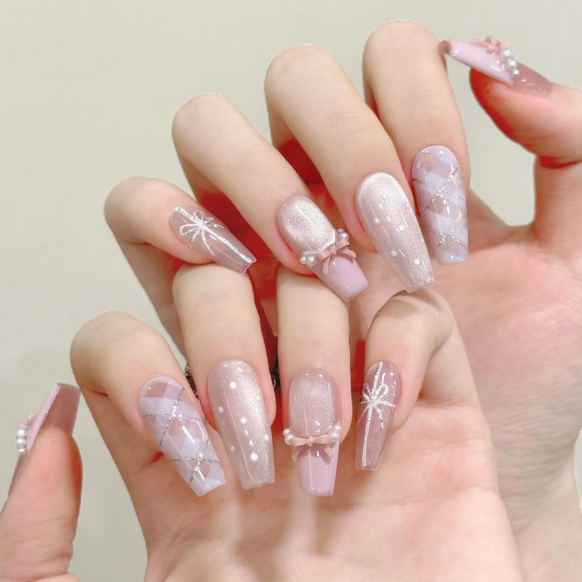 

10Pcs Handmade Press on Nails Cat's Eye Polka Dot French Fake Nails 3D Bow Pearl False Nails Ballet Reusable Full Cover Nail Tip