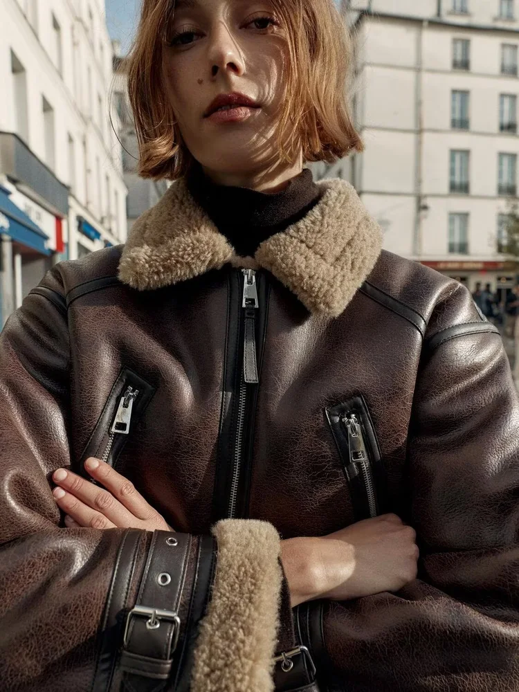 على الوجهين الجلود والفراء ort Jaet Thiened ملابس خارجية نسائية غير رسمية سستة إغلاق لون الخريف الشتاء جديد #3